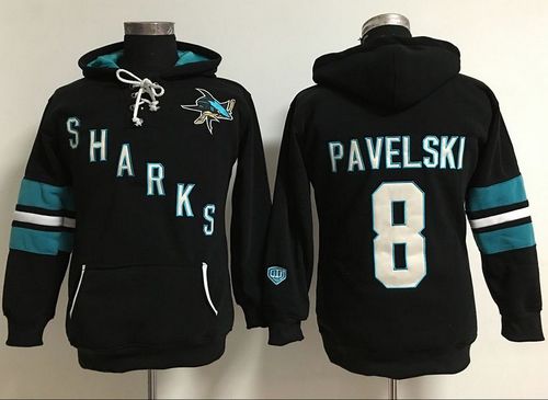 San Jose Sharks #8 Joe Pavelski Black Women's Old Time Heidi NHL Hoodie - Click Image to Close